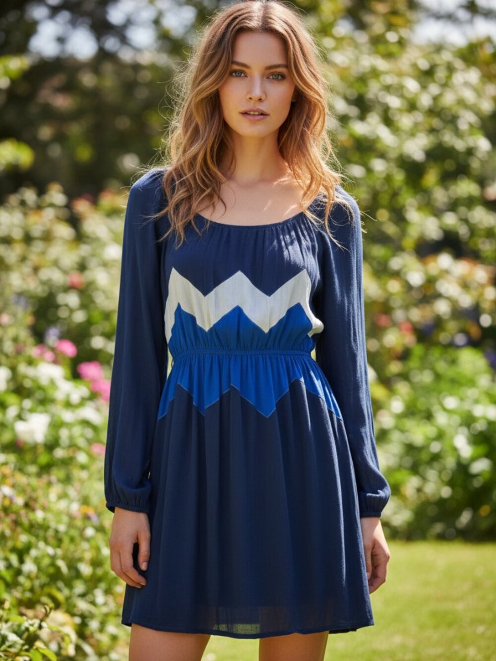 Max Edition Blue Color Block Mini Dress S Chevron Patchwork Office Siren Coastal